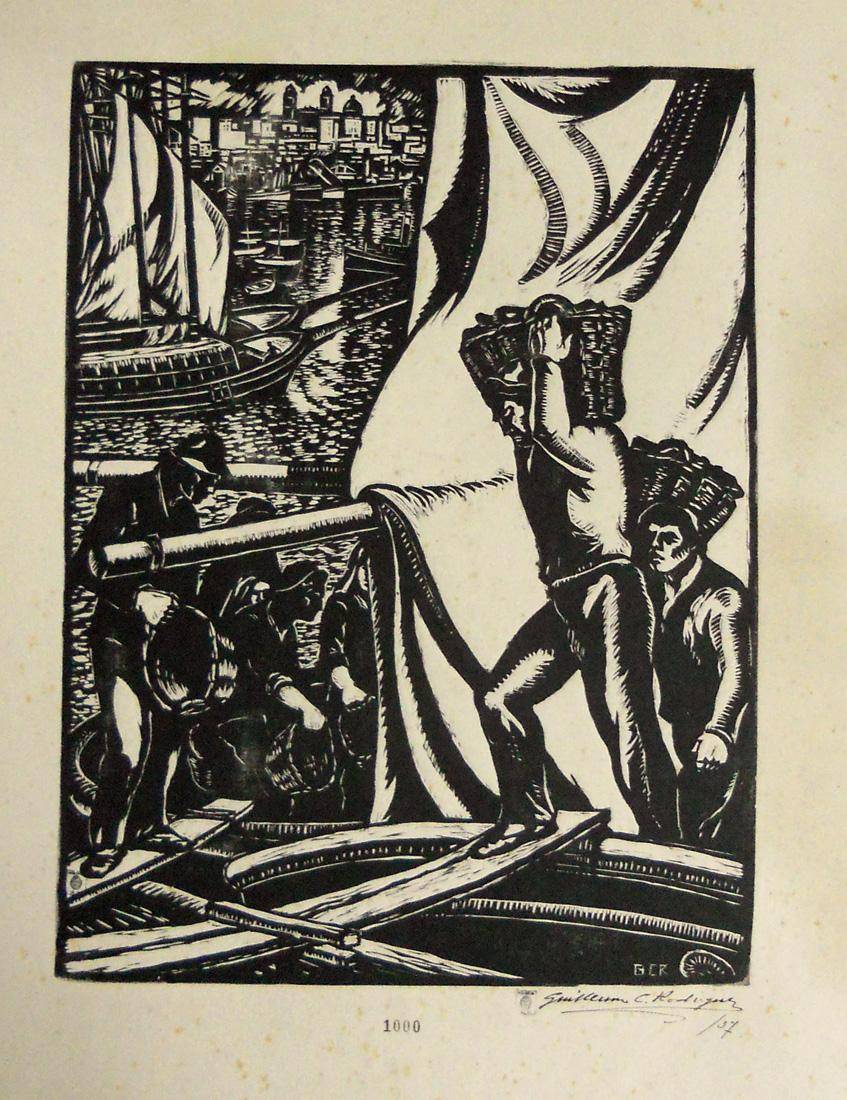 Puerto de cabotaje, 1937. Guillermo Ciro Rodriguez (1889-1959). Xilografía.  37,5 x 28 cm. Nº inv. 1000.