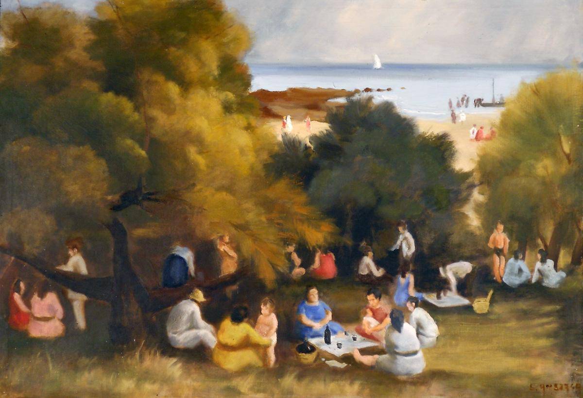 En la playa. Eduardo Amézaga (1911-1977). Óleo sobre tela.  75 x 110 cm. Nº inv. 1067.