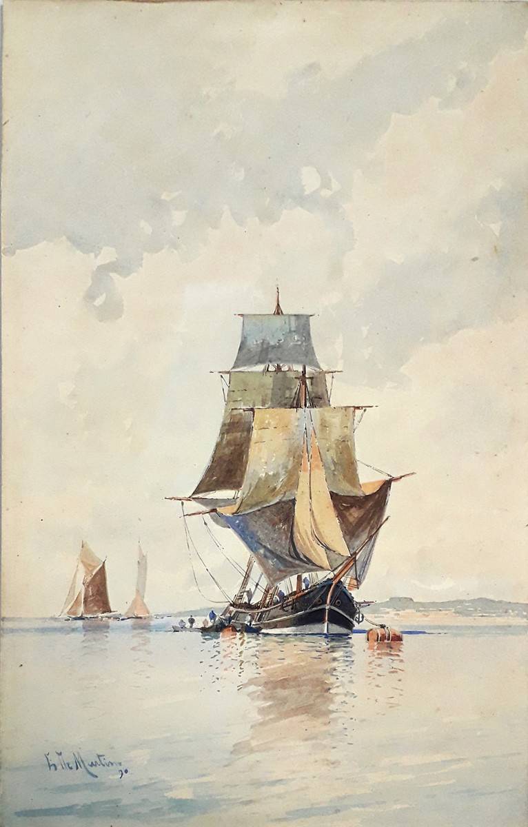 Marina, 1890. Eduardo De Martino (1838-1912). Acuarela sobre papel.  47 x 30 cm. Nº inv. 1244.