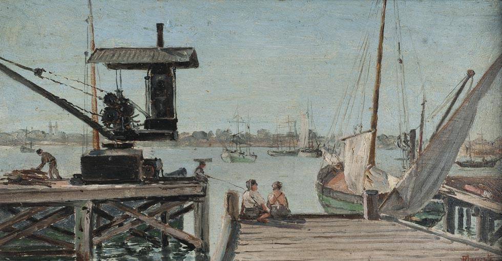 Antiguo puerto de Montevideo. Domingo Laporte (1855-1928). Óleo sobre tabla.  18 x 34 cm. Nº inv. 1298.