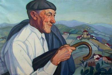 El hombre del paraguas. Mauricio Flores Kaperotxipi (1901-1997). Óleo sobre tela.  60 x 88 cm. Nº inv. 1336.
