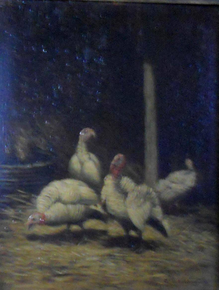 Pavos en el establo. Théodore Salmon (1811-1876). Óleo sobre tabla.  16 x 12,5 cm. Nº inv. 139.