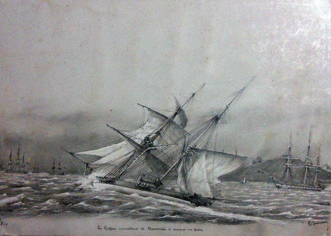 Marina, 1849. E.J. Jouveneau. Aguazo.  21 x 29 cm. Nº inv. 1417.