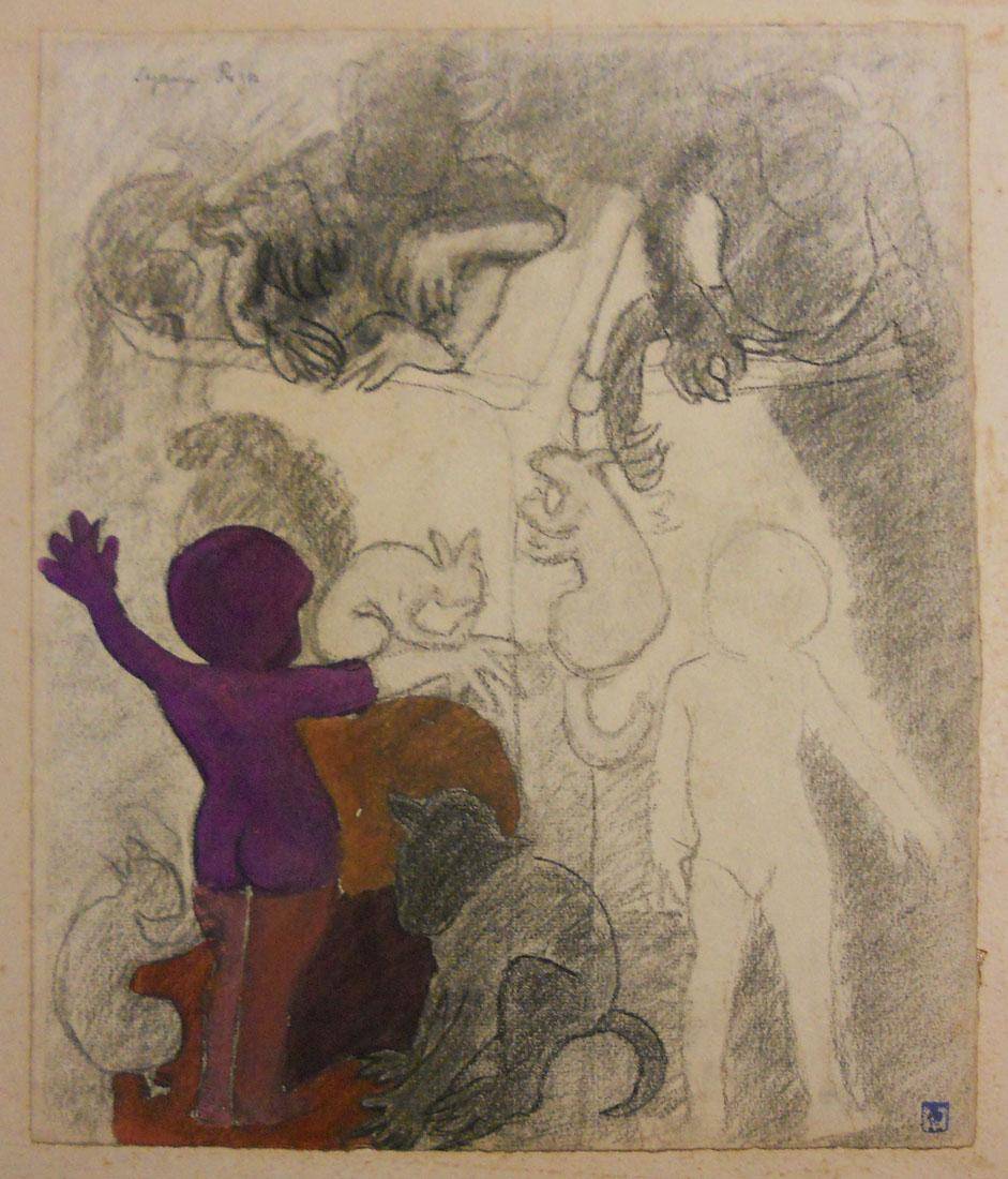 Las ardillas. Suzanne Roger (1898-1986). Dibujo acuarelado.  38 x 31 cm. Nº inv. 1511.