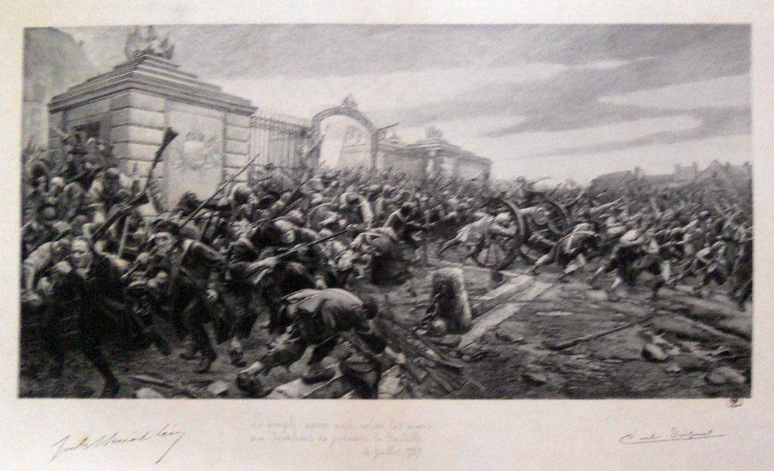 El pueblo asalta a los inválidos para armarse dirigiéndose a la Bastilla el 14 de julio de 1793, 1899. Carlos Emilio Dupont. Aguafuerte.  31 x 49 cm. Nº inv. 164.