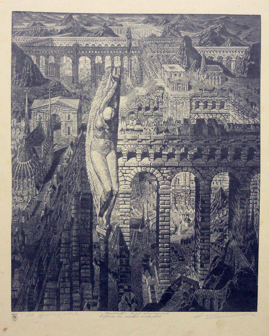 Ángel sobre la ciudad. Víctor Delhez (1902-1985). Grabado sobre piedra.  40,5 x 33,5 cm. Nº inv. 1727.