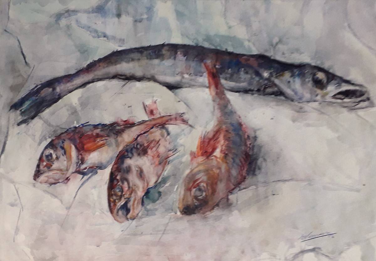 Pescados, 1957. Eduardo Vernazza (1910-1991). Acuarela sobre papel.  47 x 73 cm. Nº inv. 1735.