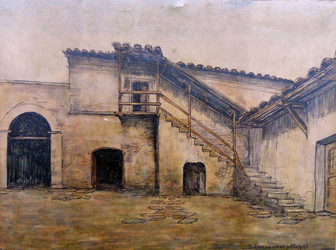 Patio español. Salvador Carbonell y Migal (1881-1956). Tinta china sobre papel.  22 x 30 cm. Nº inv. 1755.