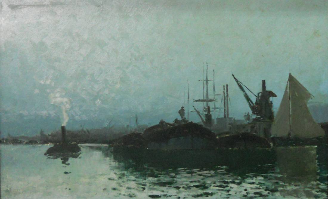 Puerto. Carlos de Santiago (1875-1951). Óleo sobre cartón.  48 x 79 cm. Nº inv. 1765.