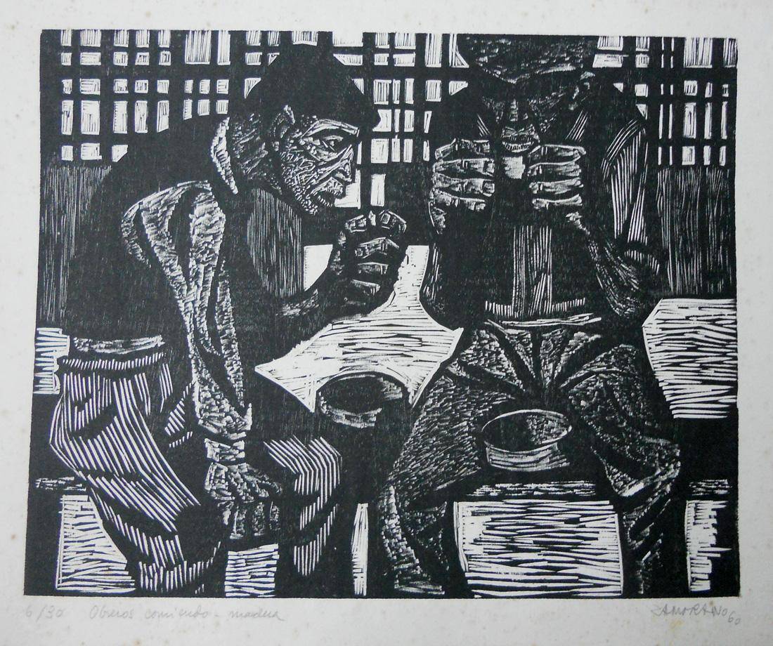 Obreros comiendo, 1960. Zamorano, Ricardo (1924-2020). Grabado en madera.  39 x 49 cm. Nº inv. 1816.