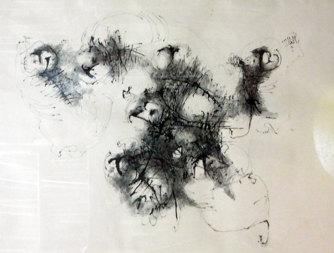 En el tiempo de los gatos gordos, 1965. Enrique Broglia (1942-2013). Tinta china sobre papel.  80 x 112 cm. Nº inv. 2071.