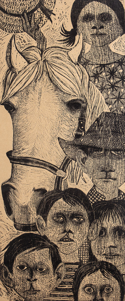 Niños y caballo, 1966. Leonilda González (1923-2017). Xilografía sobre papel.  74 x 30 cm. Nº inv. 2142.