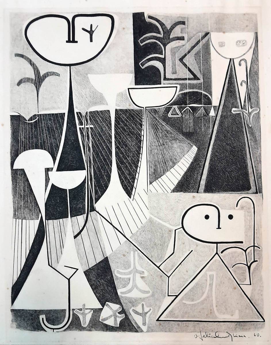 Jardín, 1960. Ofelia Oneto y Viana (1929-2019). Dibujo a lápiz.  80 x 65 cm. Nº inv. 2278.