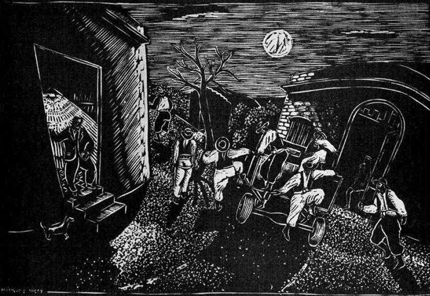 Sombras sobre la tierra, 1947. Manuel Domínguez Nieto (1919-2002). Xilografía.  26 x 28 cm. Nº inv. 2333.
