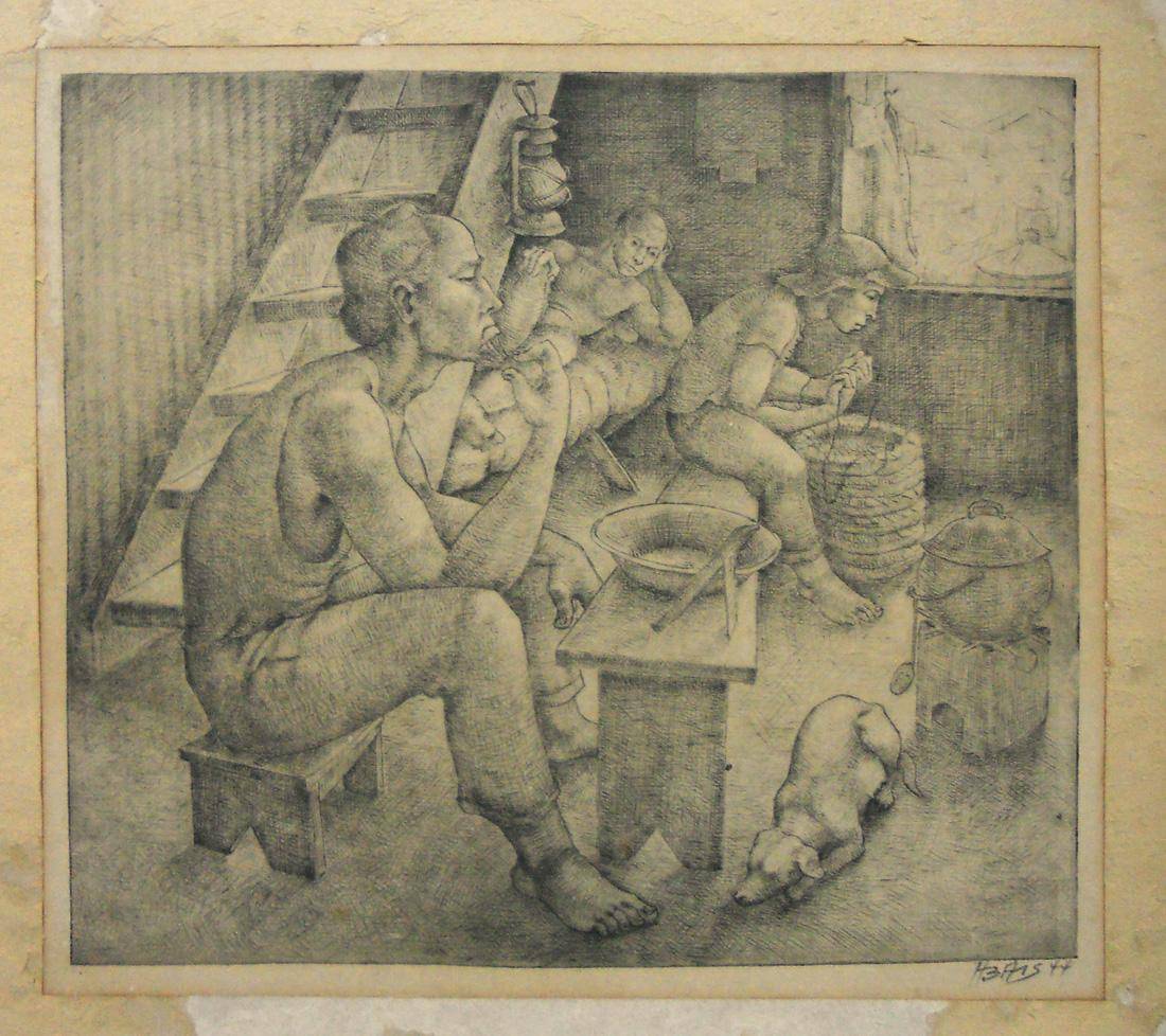 Galpón de pescadores, 1944. Homero Bais (1918). Punta seca.  29,5 x 26 cm. Nº inv. 2742.