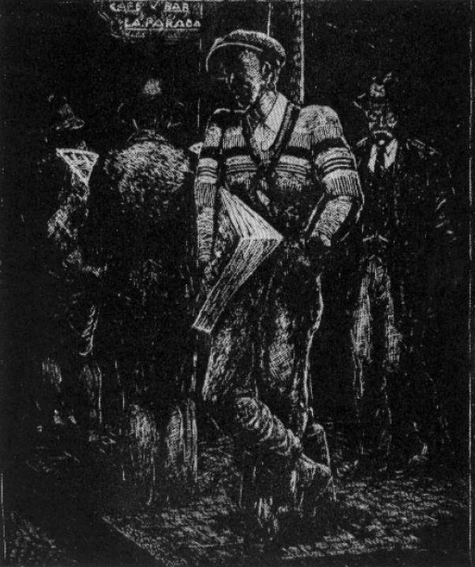En la parada, c.1944. José Gervasio Padilla (1919). Linóleo.  42 x 35 cm. Nº inv. 2747.