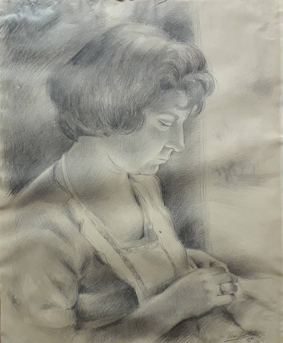 Cosiendo, c.1950. Angel Ricardo Scagliola (1918). Lápiz.  64 x 48 cm. Nº inv. 2883.