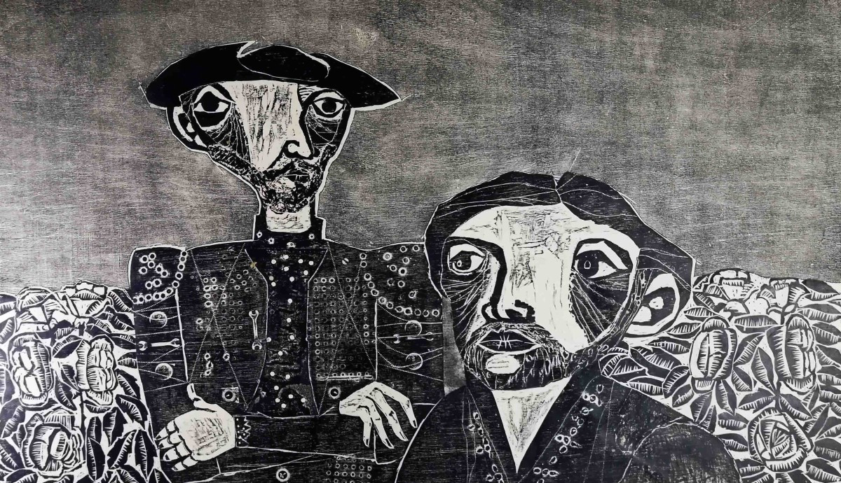Don Quijote y Sancho en el jardín, 1966. Miguel Bresciano (1937-1979). Xilografía.  59 x 100 cm. Nº inv. 2920.