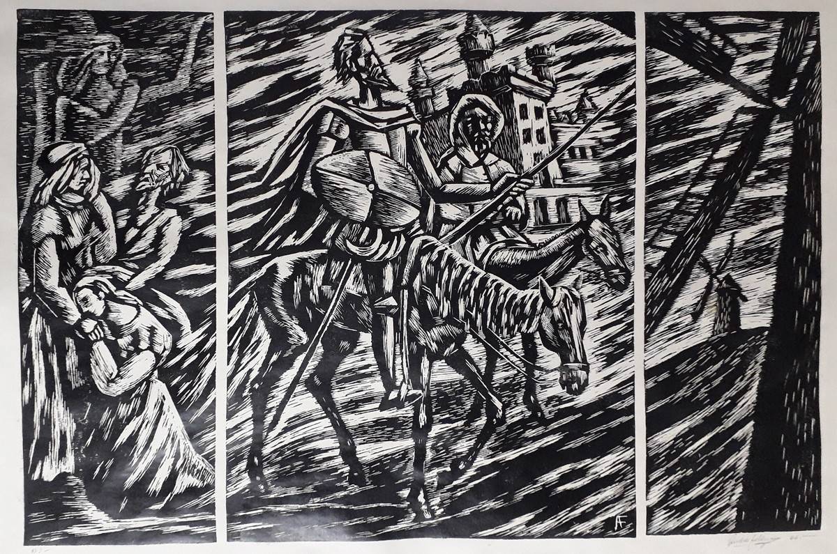 Tríptico cervantino, c.1966. Andrés Feldman (1921-1967). Xilografía.  52 x 78 cm. Nº inv. 2922.