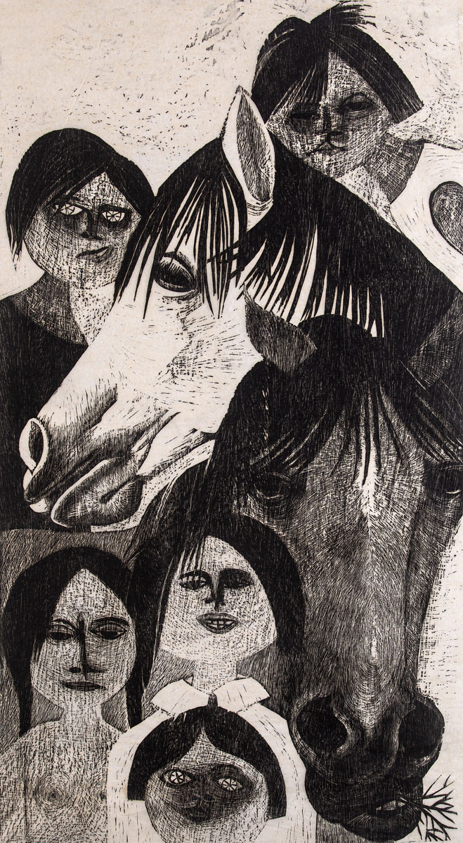 Niños y caballos II, 1966. Leonilda González (1923-2017). Xilografía sobre papel.  82 x 44,5 cm. Nº inv. 3005.