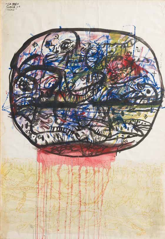La bola sobre la ciudad. Rómulo Macció (1931-2016). Témpera.  118 x 80 cm. Nº inv. 3579.