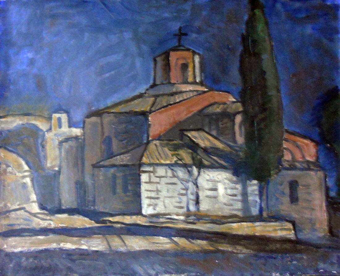 Paisaje de Grecia - Iglesia Meteoro. Augusto Torres (1913-1992). Óleo sobre tela.  49 x 59 cm. Nº inv. 3584.