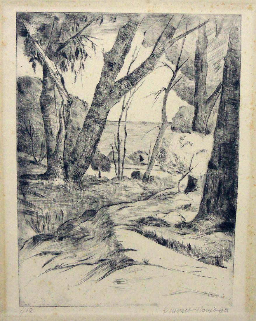 Árboles del Buceo, 1963. Orosmán Américo Alonso (1927-1968). Buril y Punta Seca sobre papel.  33 x 24,5 cm. Nº inv. 3605.