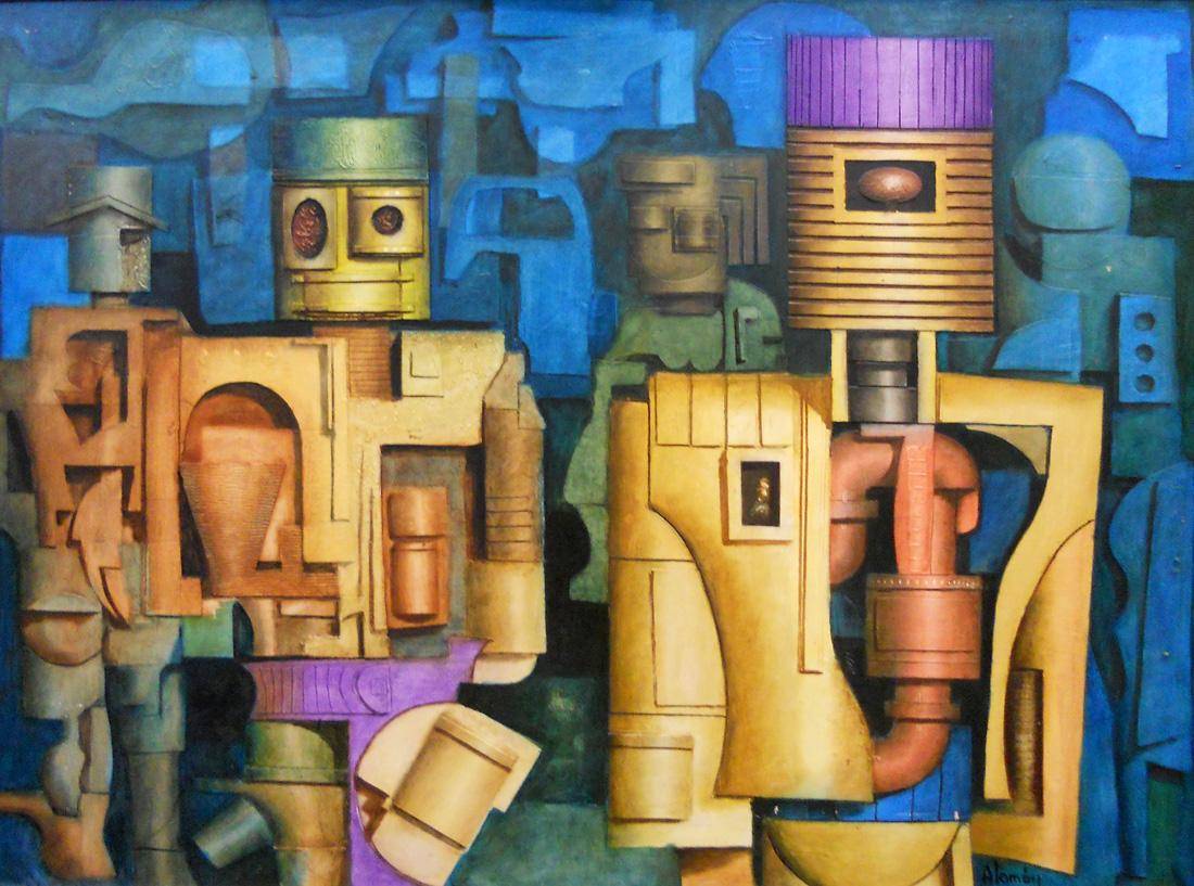 Conjunto de robots en un día azul, 1977. Gustavo Alamón Da Rosa (1935-2020). Collage sobre fibra.  89 x 116 cm. Nº inv. 3939.
