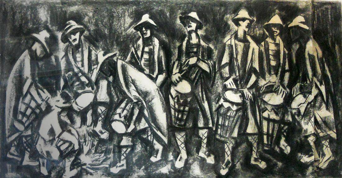 Aquelarre de tambores, 1977. Dante Ferrer Saravia (1920). Dibujo al carbón.  57,5 x 123 cm. Nº inv. 3940.