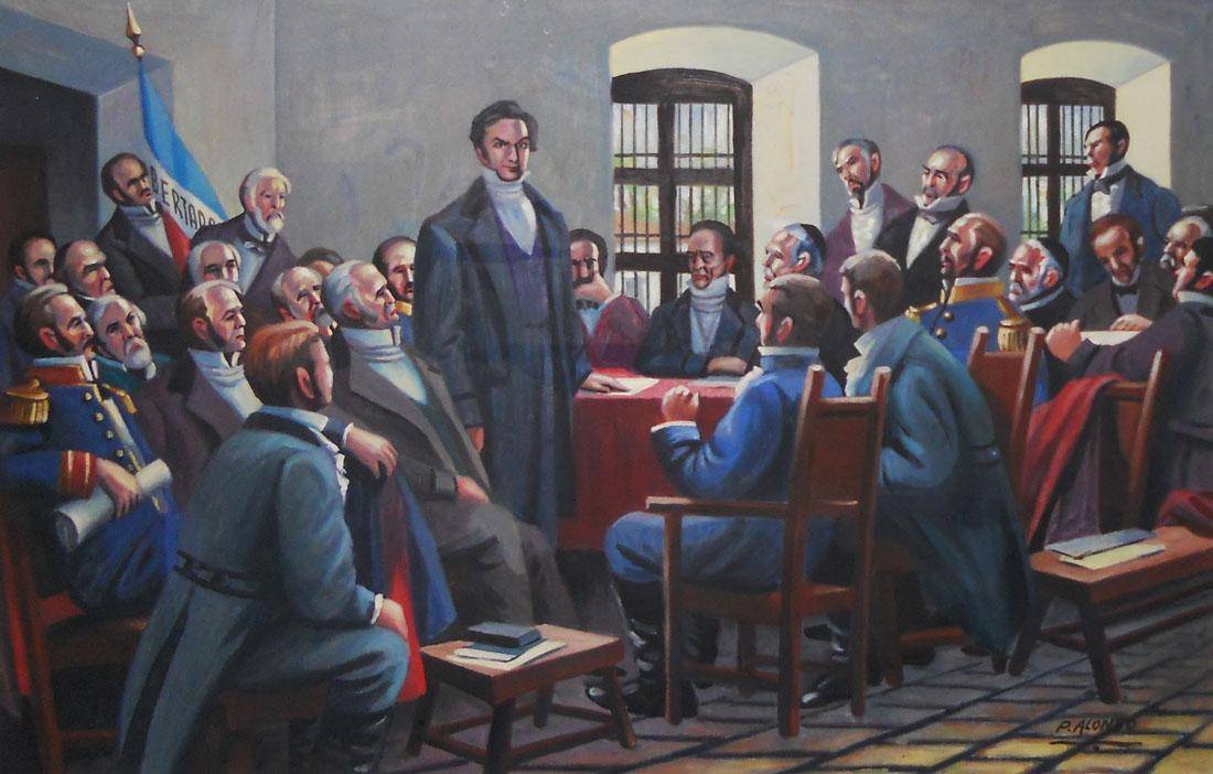 Evocación de la 1a. Asamblea Constituyente y Legislativa del Estado, 1978. Pedro Alonso (1921). Óleo sobre tela.  80 x 122 cm. Nº inv. 3949.