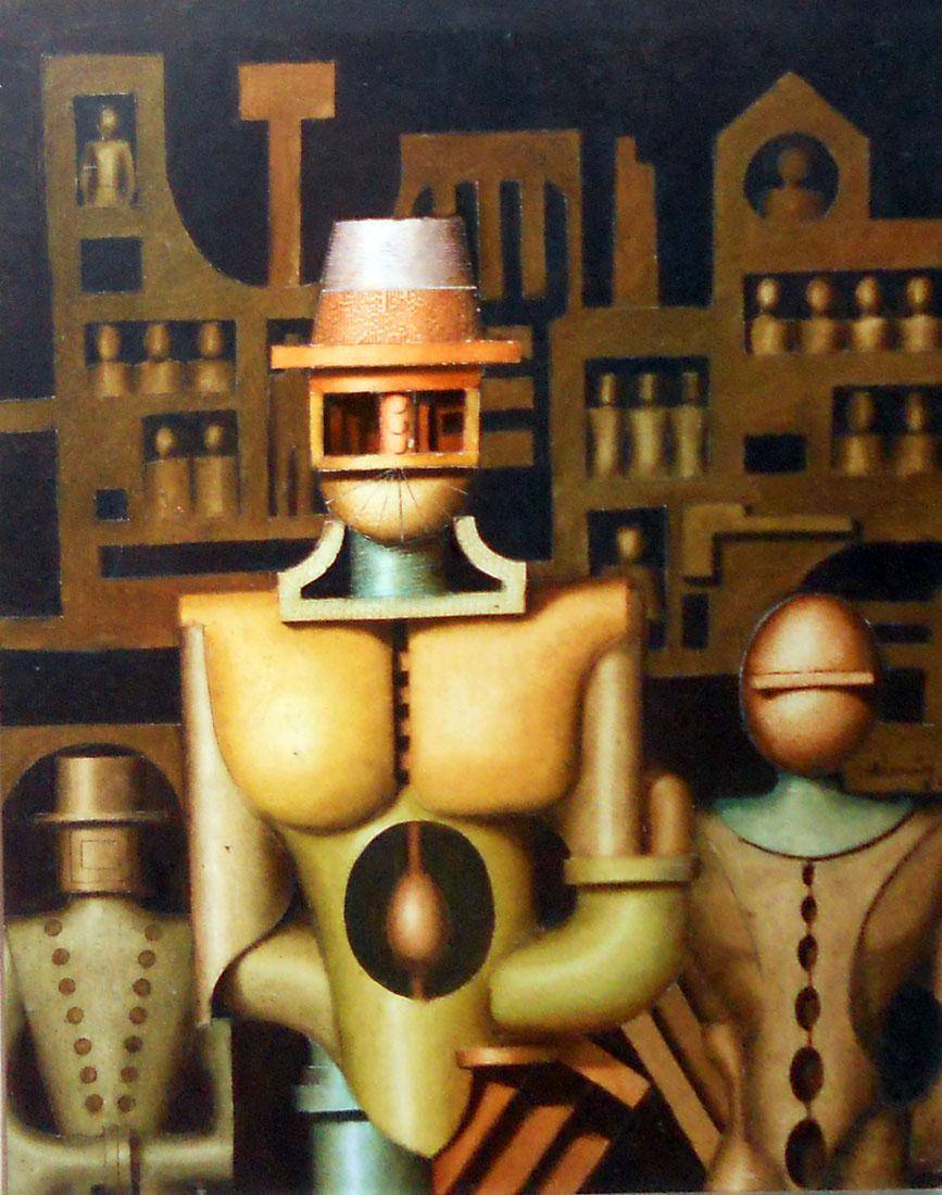 Robots, 1979. Gustavo Alamón Da Rosa (1935-2020). Collage y óleo.  98,5 x 80,5 cm. Nº inv. 3954.