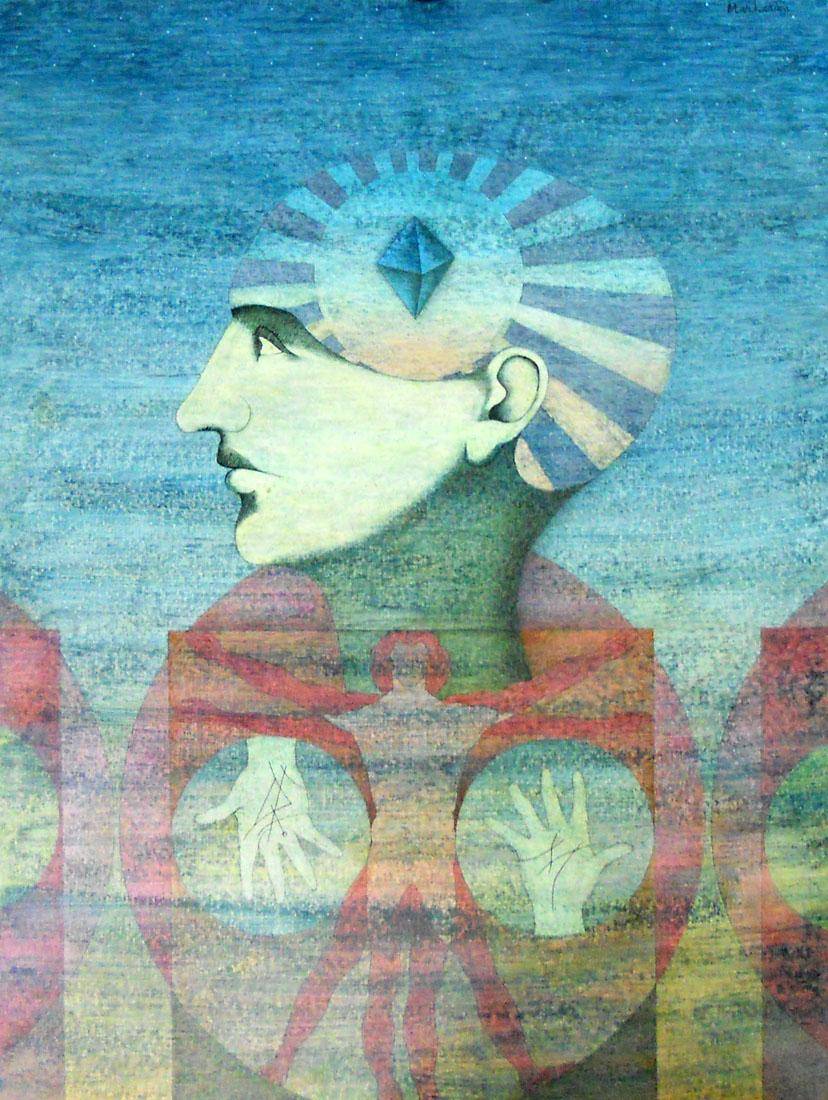 Las proporciones lacerantes del Ing. Leonardo. Juan Eduardo Markarián (1930). Técnica mixta - Pintura.  65,2 x 50 cm. Nº inv. 4046.