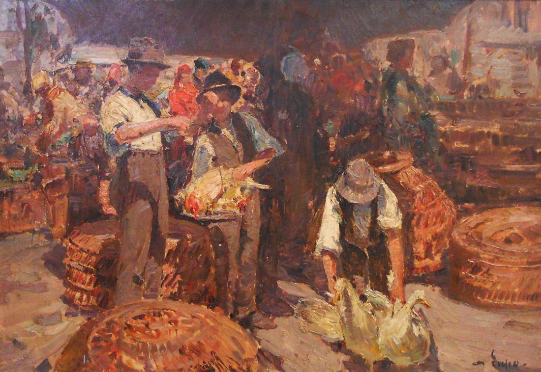 Interior de mercado. G. Alessandro Lupo (1876-1953). Óleo sobre cartón.  48,5 x 69 cm. Nº inv. 469.