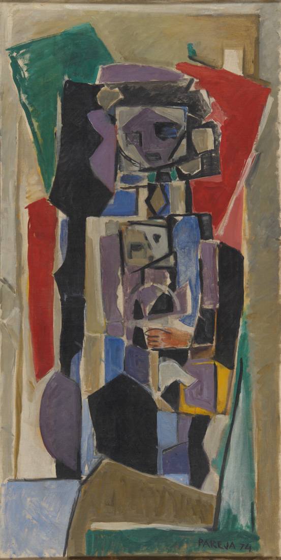 Mujer y niño, 1974. Miguel Ángel Pareja (1908-1984). Óleo sobre tela.  168 x 56 cm. Nº inv. 4803.