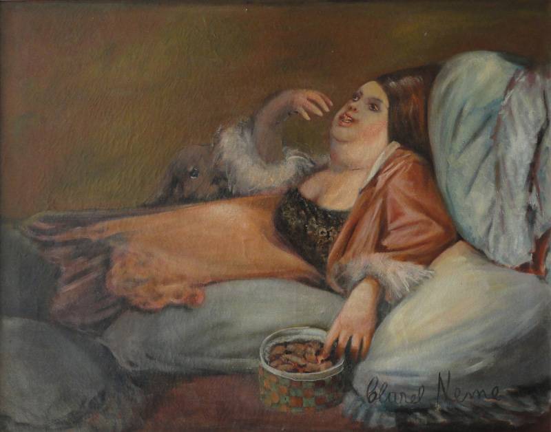 En la cama comiendo bombones. Clarel Neme (1926-2004). Óleo sobre tela.  75 x 93 x  cm. Nº inv. 4909.
