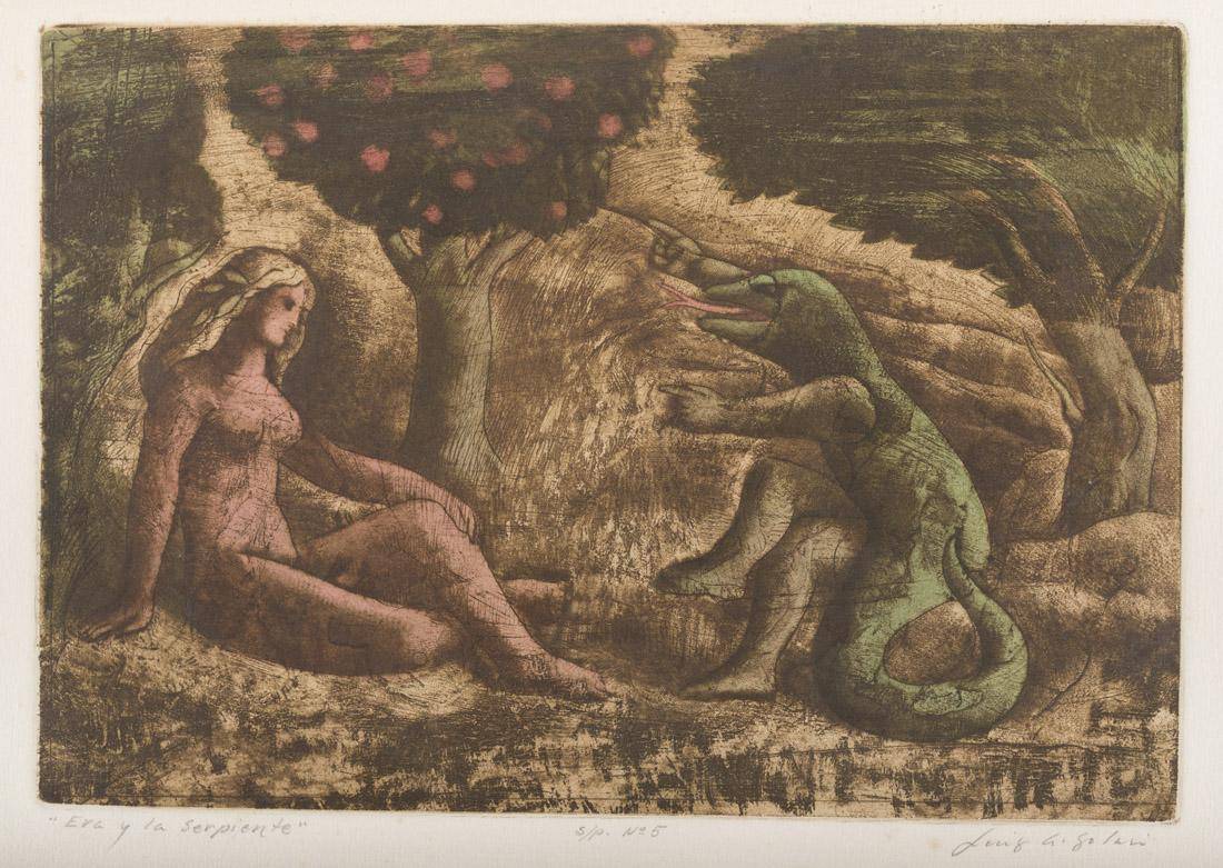 Eva y la Serpiente . Luis A. Solari (1918-1993). Aguafuerte sobre papel.  20 x 29 cm. Nº inv. 4958.