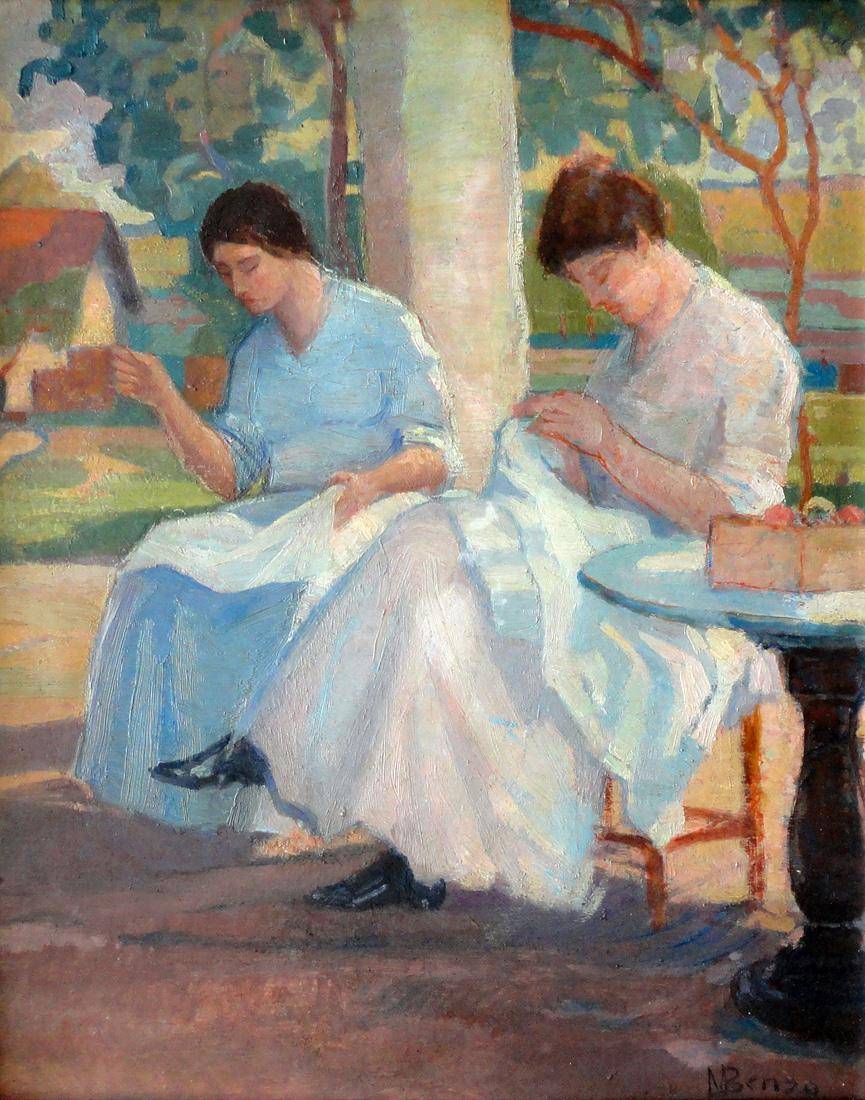 Damas cosiendo . Miguel Benzo (1879-1966). Óleo.  50 x 33 cm. Nº inv. 5097.