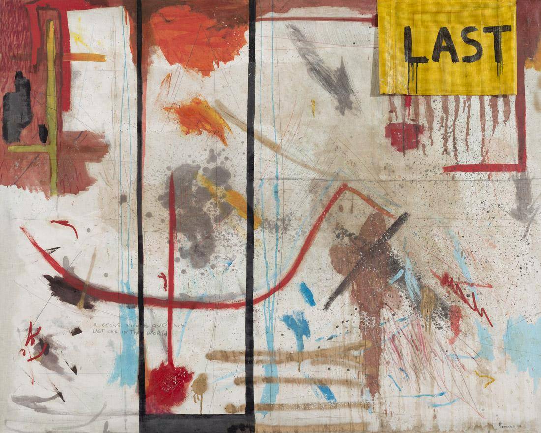 Last (a veces creo que soy la última cosa en este mundo), 2007. Gustavo Tabares (1968). Óleo, acrílico, lápiz, marcador, pastel y plástico sobre tela.  473 x 750 cm. Nº inv. 5123.