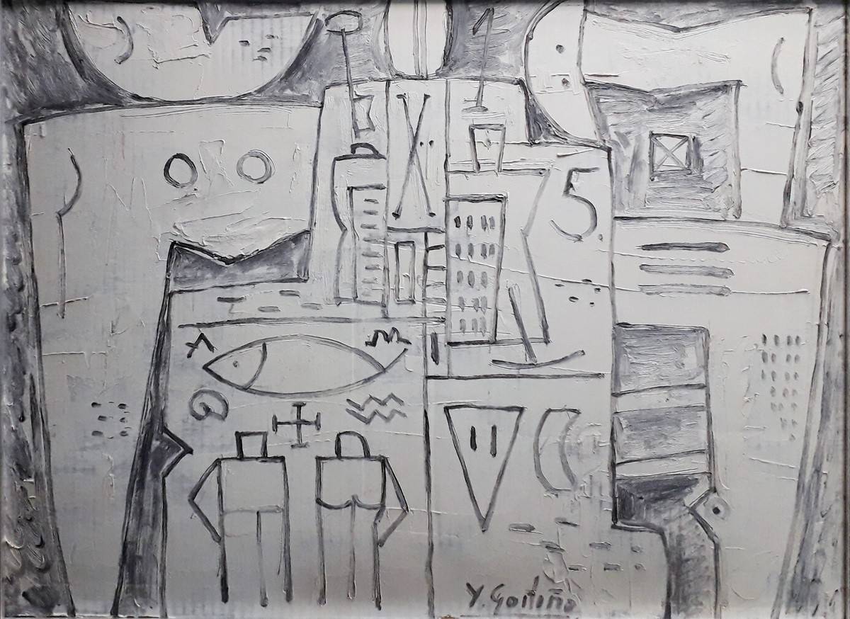 Constructivo en Blanco y Gris. Héctor Yuyo Goitiño (1935-2016). Óleo sobre cartón.  50 x 69 cm. Nº inv. 5130.