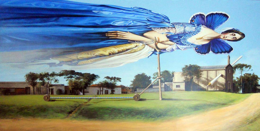 Angel paseandero ingresando a Santiago Vázquez   . Pedro Peralta (1961). Acrílico sobre tela.  300 x 150 cm. Nº inv. 5328.