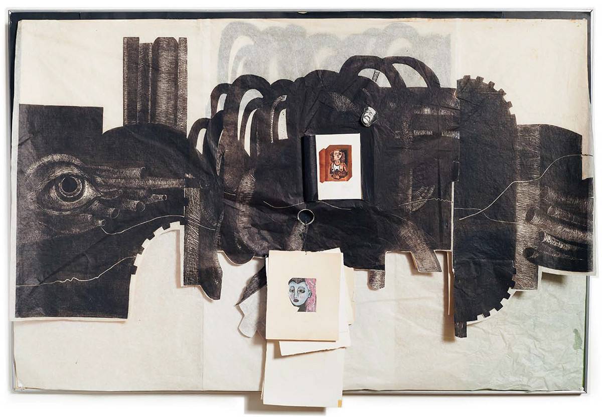 Máquina para hacer micrograbados, 1983. Gladys Afamado de Sans (1925). Linografía y collage sobre papel.  85 x 150 cm. Nº inv. 5347.