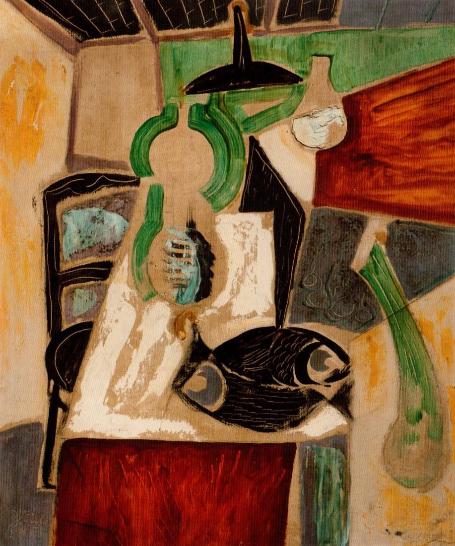 Escena interior. Julio Verdié (1900-1988). Acrílico sobre fibra.  54 x 45 cm. Nº inv. 5750.