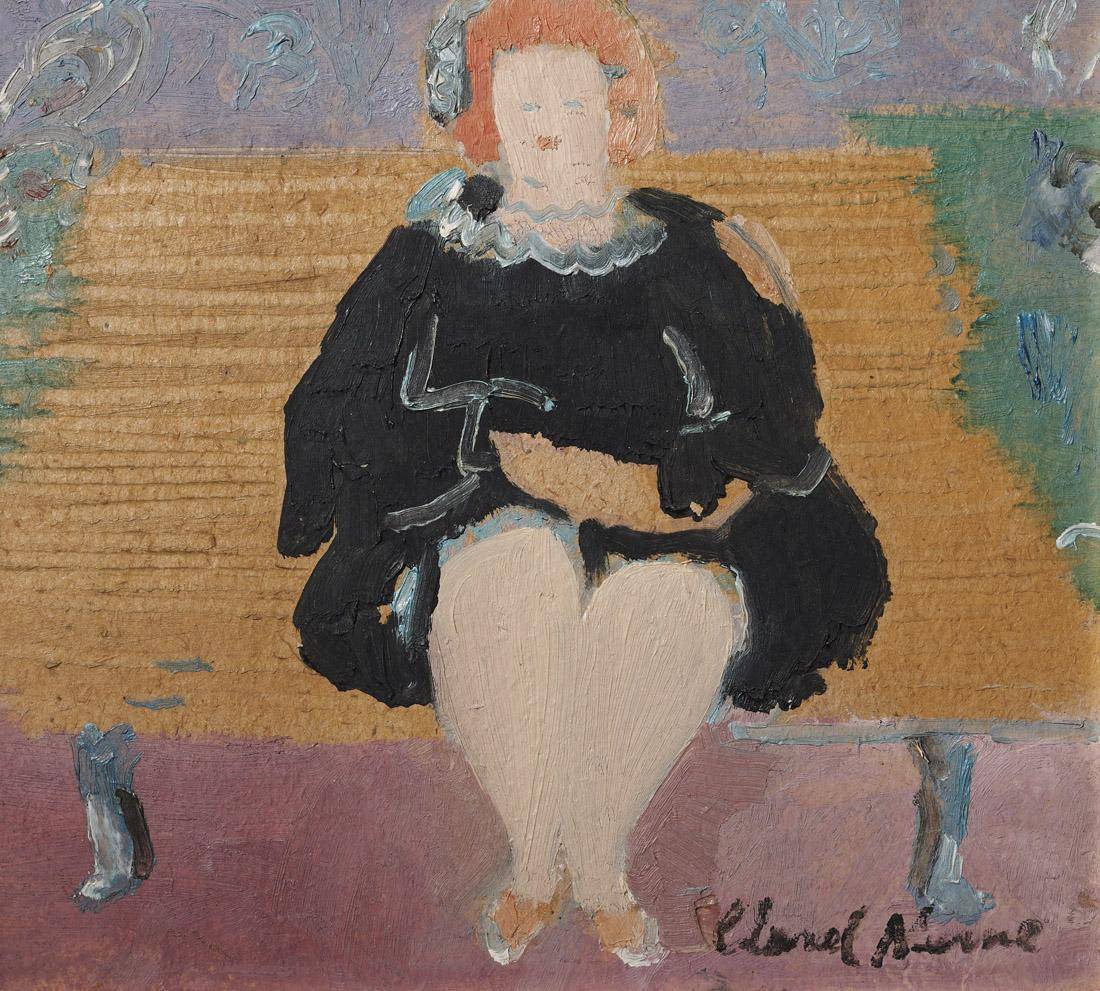 Gorda sentada en un banco de plaza. Clarel Neme (1926-2004). Óleo sobre tela.  20 x 23 cm. Nº inv. 6526.