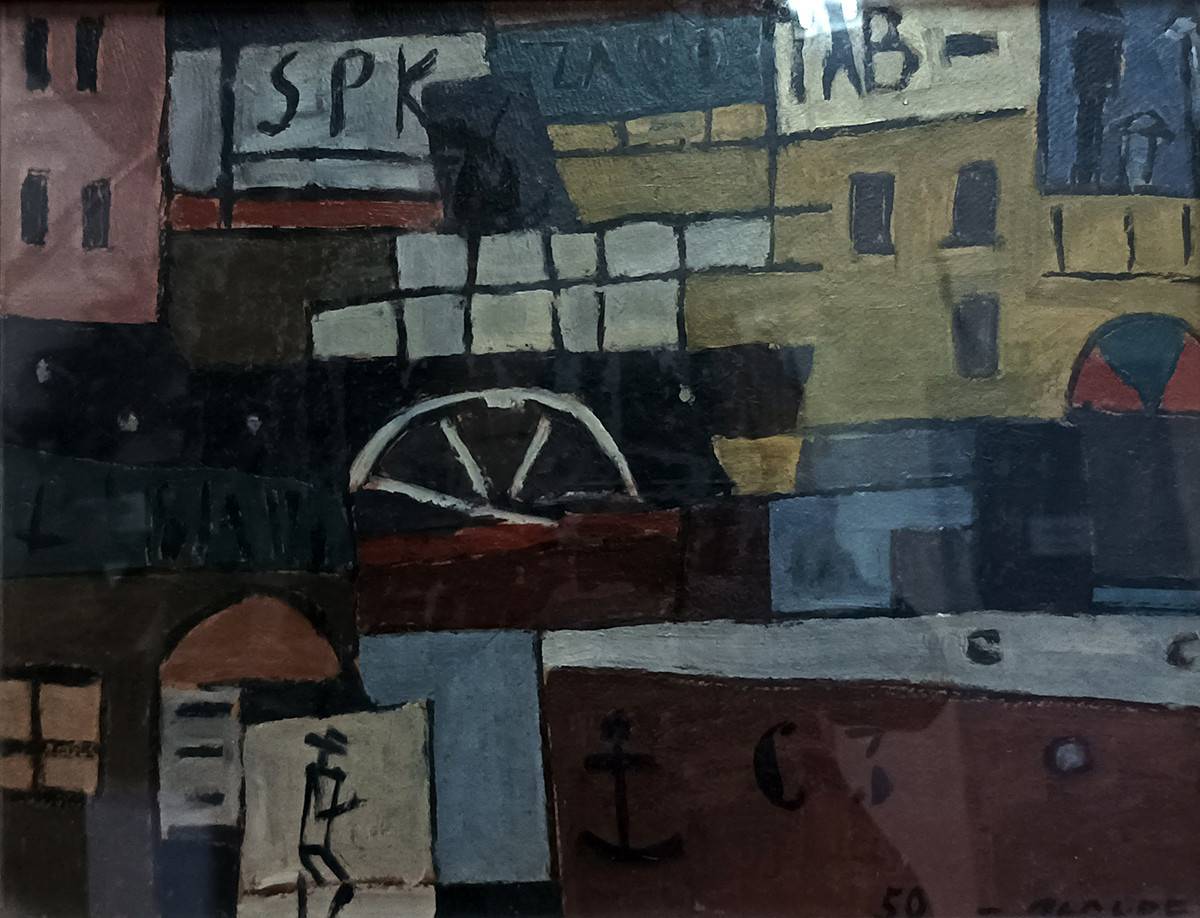 Puerto C3, 1950. Gastón Olalde (1925-2003). Óleo sobre cartón.  37 x 51 cm. Nº inv. 6665.