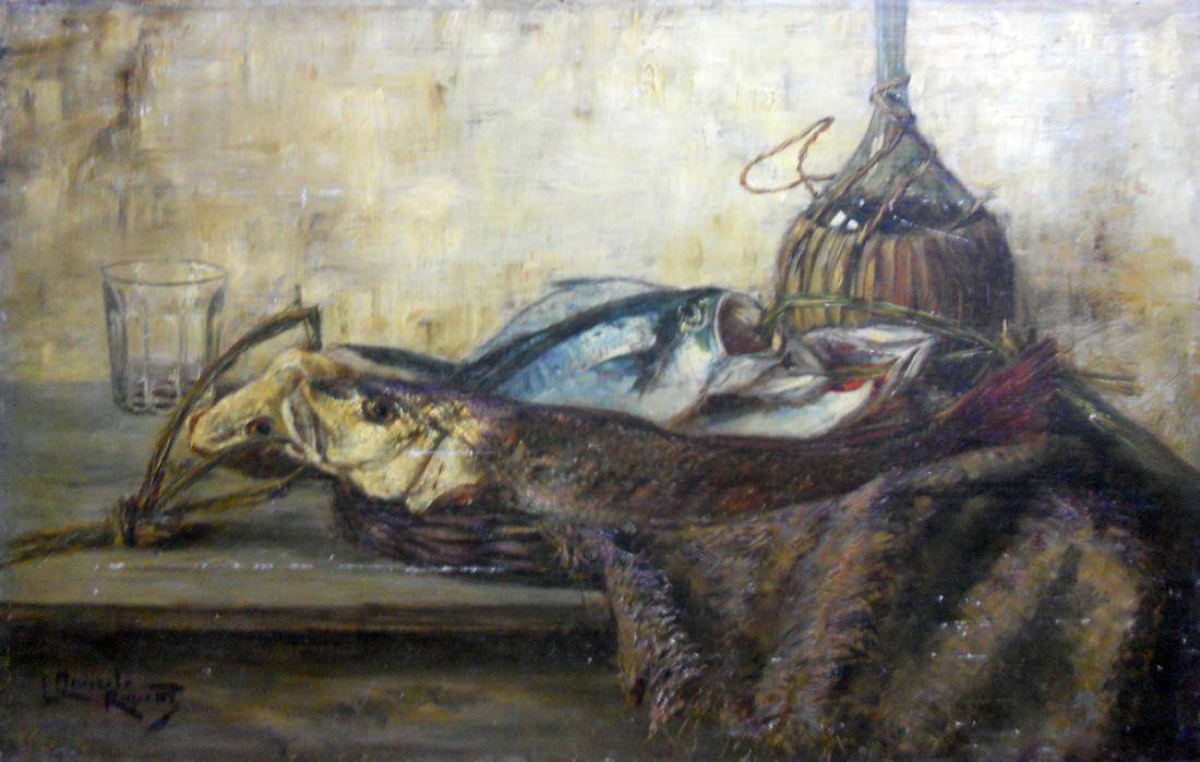 Naturaleza muerta. Luis Queirolo Repetto (1862-1947). Óleo sobre tabla.  53 x 80 cm. Nº inv. 983.