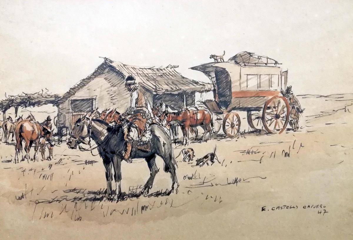 Rancho y diligencia, 1947. Enrique Castells Capurro (1913-1987). Acuarela y tinta.  27 x 39 cm. Nº inv. PP29.