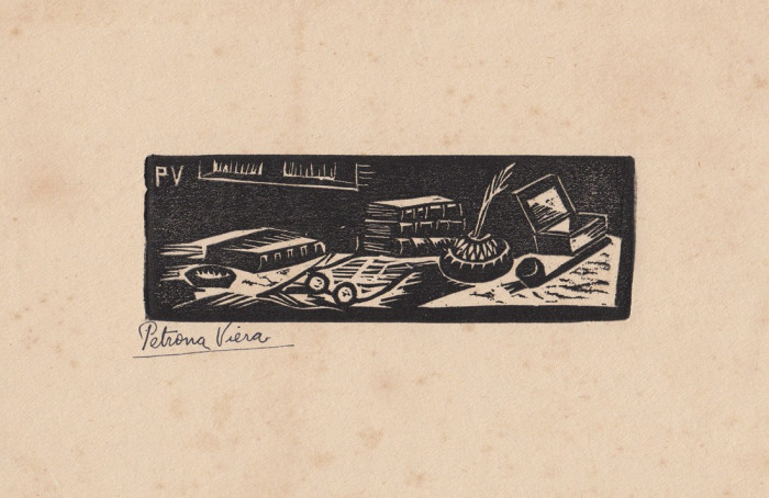 Mesa de lectura. Petrona Viera (1895-1960). Xilografía. 4,5 x 13 cm. Nº inv. 5500. - Grupo de Lecturas Críticas en el MNAV - Museo Nacional de Artes Visuales
