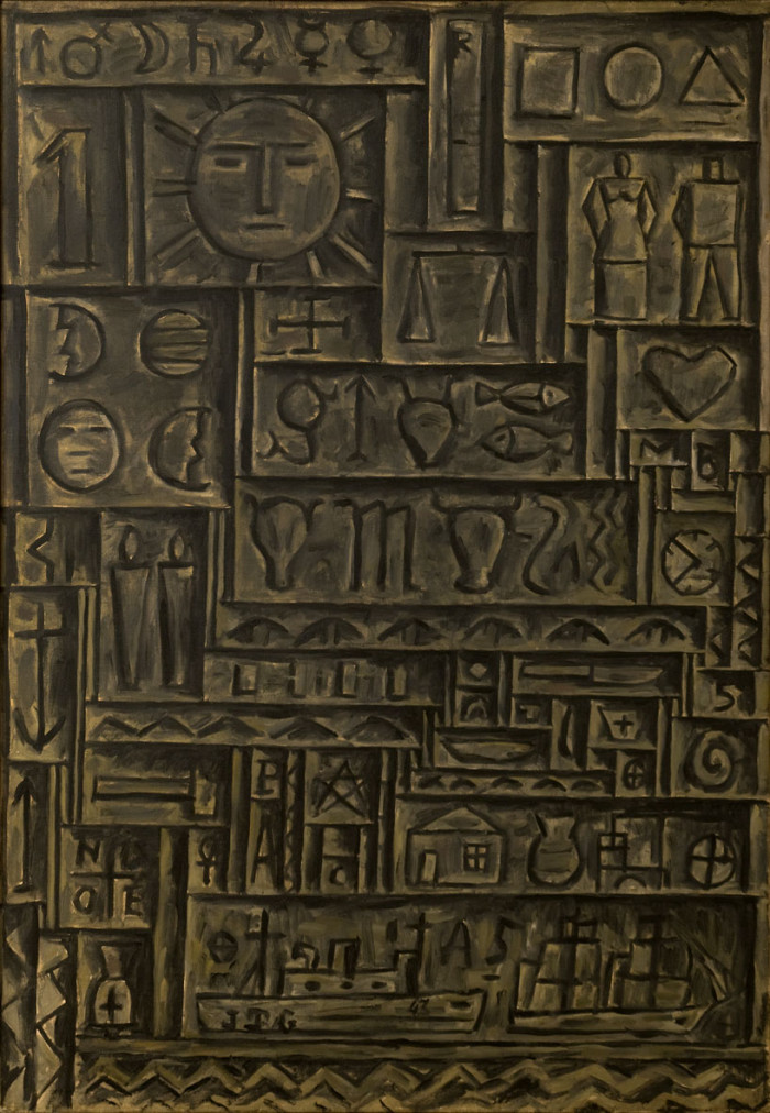 Arte universal, 1943. Joaquín Torres García (1874-1949). Óleo sobre tela. 106 x 75 cm. Nº inv. 3881. - Joaquín Torres García - El universo como reto - Museo Nacional de Artes Visuales