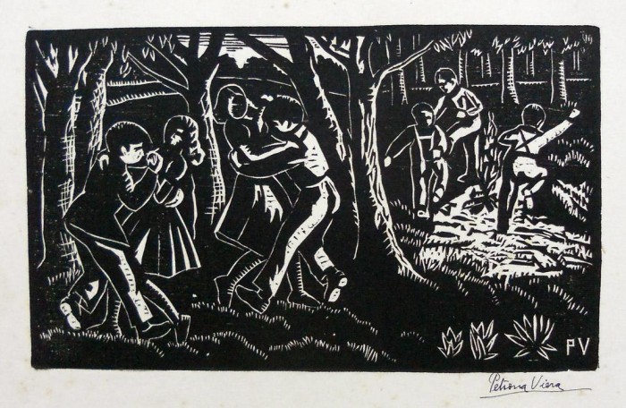 Bailando (c.1950)<br>Xilografía <br>14 x 24 cm <br>Colección MNAV - Nº de Inventario: 2969<br><br><a href='http://acervo.mnav.gub.uy/obras.php?q=nic:2968,2969,2970,2972,2973,2977,2980,2982,2983,5355,5356,5358,5359,5367,5495,5497,5498,5499,5500,5501,5503,5504,5505,5506,5507,5509,5511,5512,5515,5517,5518,5519,5521,5522,5524,5527,5528,5529,5531,5533,5534,5542,5544,5545,5546,5548,5549,5550,5551,5552,5555,5557,5558,5559,5564,5566,5569,5570,5571,5573,5574,5575,5576,5578,5581,5583,5587,5590,5592,5607,5608,5611,5618,5623,5624' target='_blank'>Ver las 75 obras expuestas</a> - Petrona Viera - Xilografías - Museo Nacional de Artes Visuales