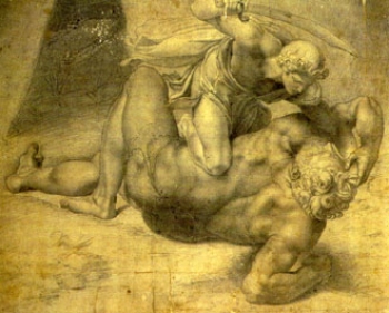 Dalielle Ricciarelli<br>DAVID Y GOLIAT<br>Carboncillo negro<br>33,8 x 40,8 cm. - Catálogo de la muestra 'La fe y el arte' - Primera sección - Museo Nacional de Artes Visuales